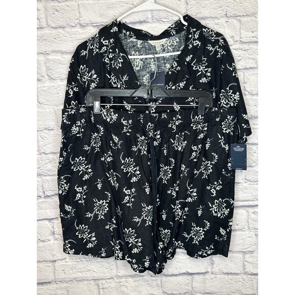Lucky Brand 2-Pc Linen Shorts Set Black & Cream Floral Elastic Waist SZ XL NWT - Picture 1 of 7